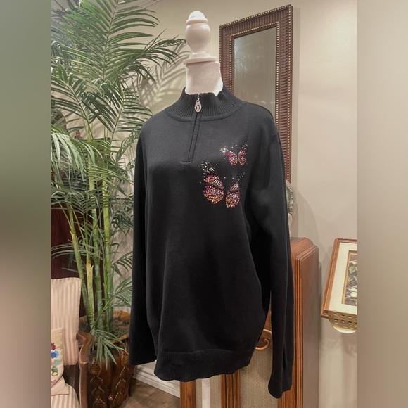 CHRISTINE ALEXANDER L Black Rhinestone Butterfly Mock Neck Zip Pullover Y2K Glam - Picture 4 of 10